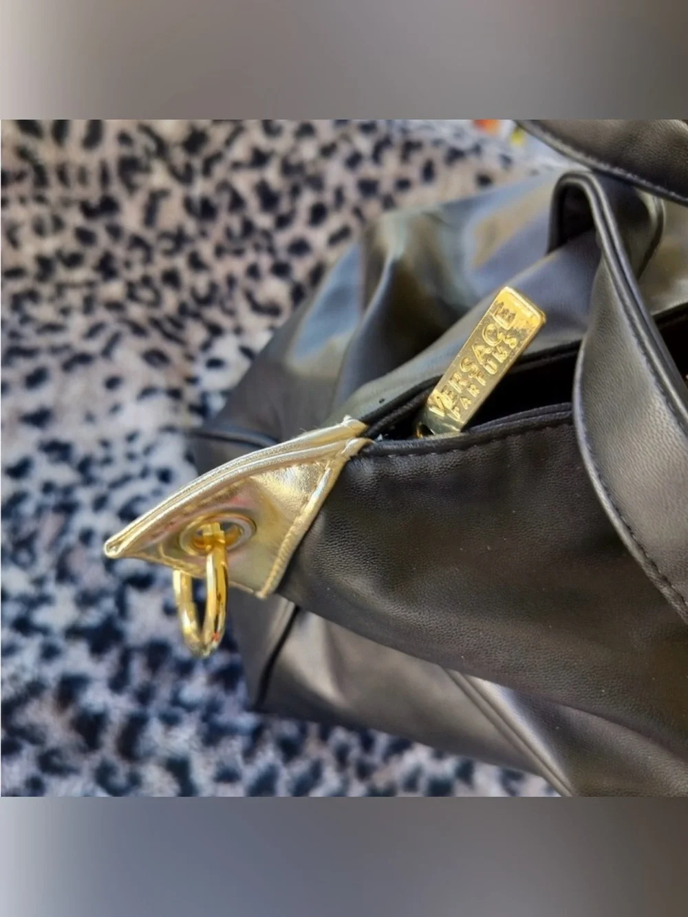 Versace Perfumes Black Tote with Gold Plaque